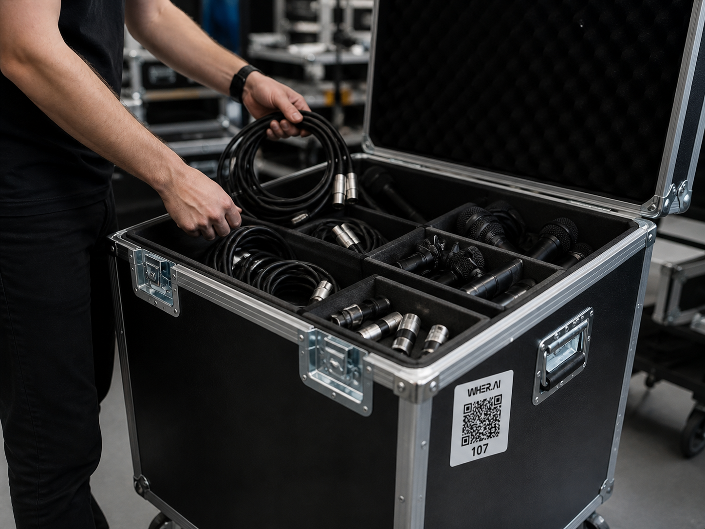 A WHER.AI QR label on an AV road case filled with cables and adapters