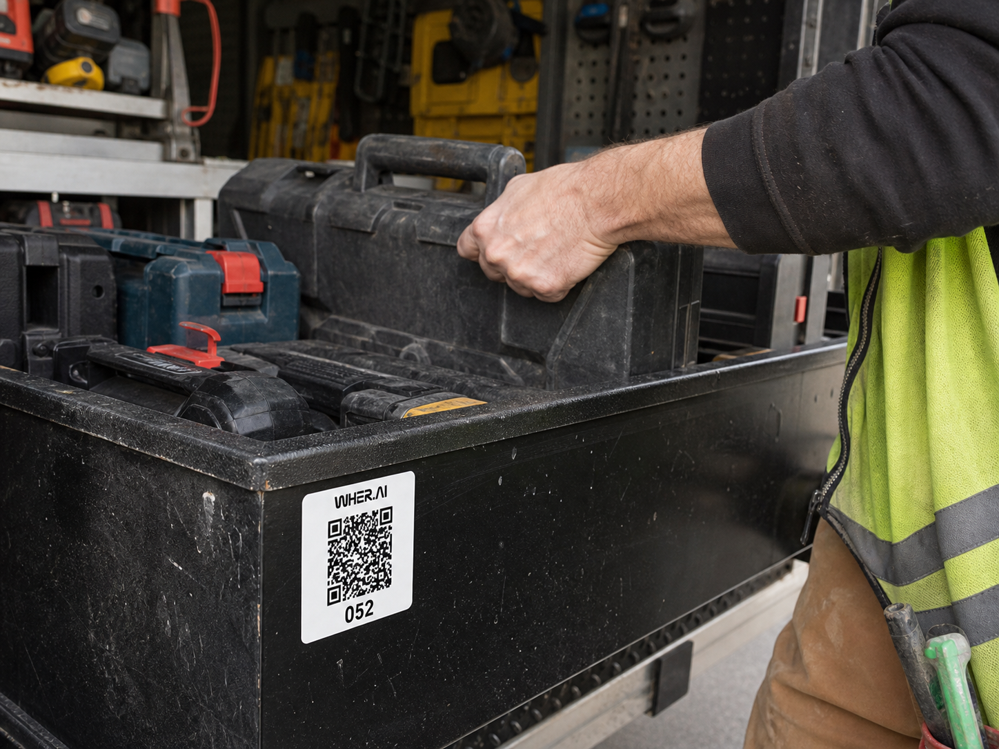 A WHER.AI QR label on a contractor gang box containing power tools