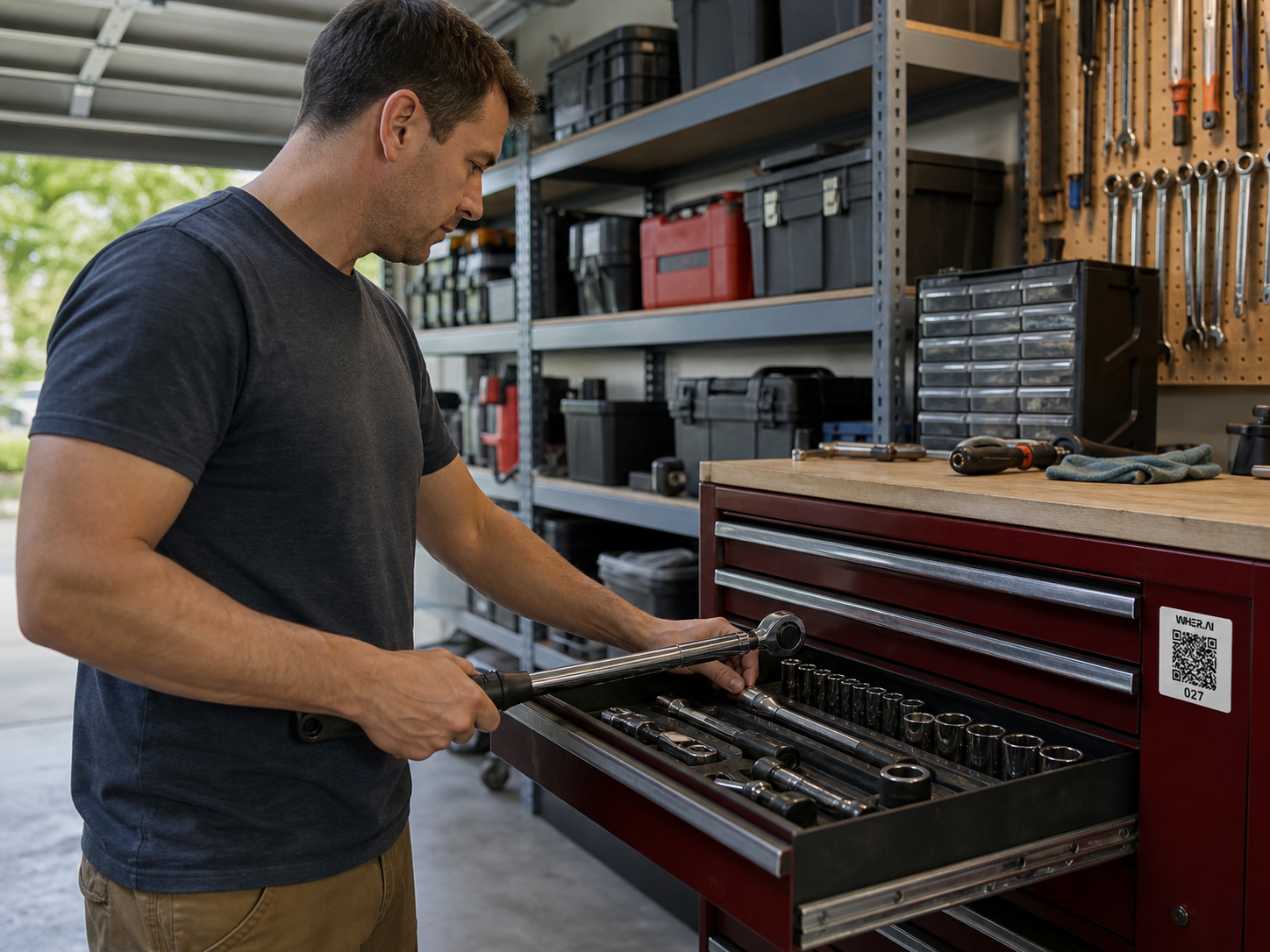 A WHER.AI QR label on a garage workshop tool cabinet