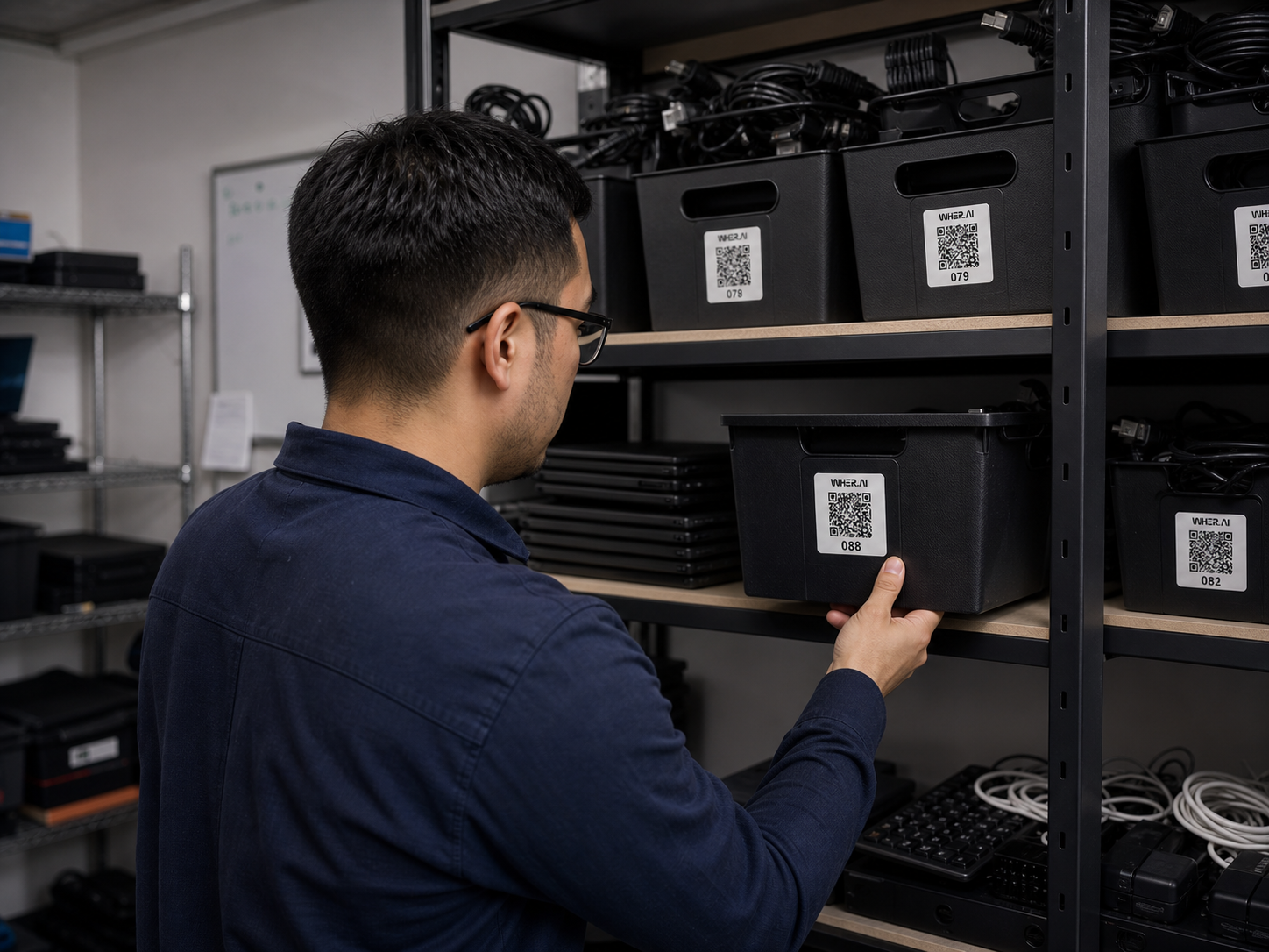 A WHER.AI QR label on a shelf of spare laptops and IT accessories