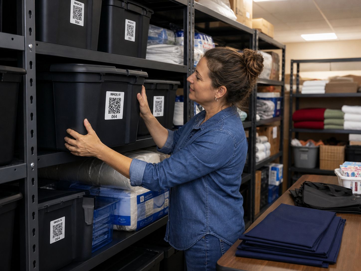 A WHER.AI QR label on a nonprofit donation and event-supply storage shelf