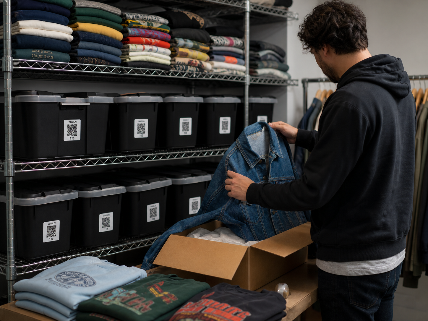 A WHER.AI QR label on a reseller inventory bin with folded apparel