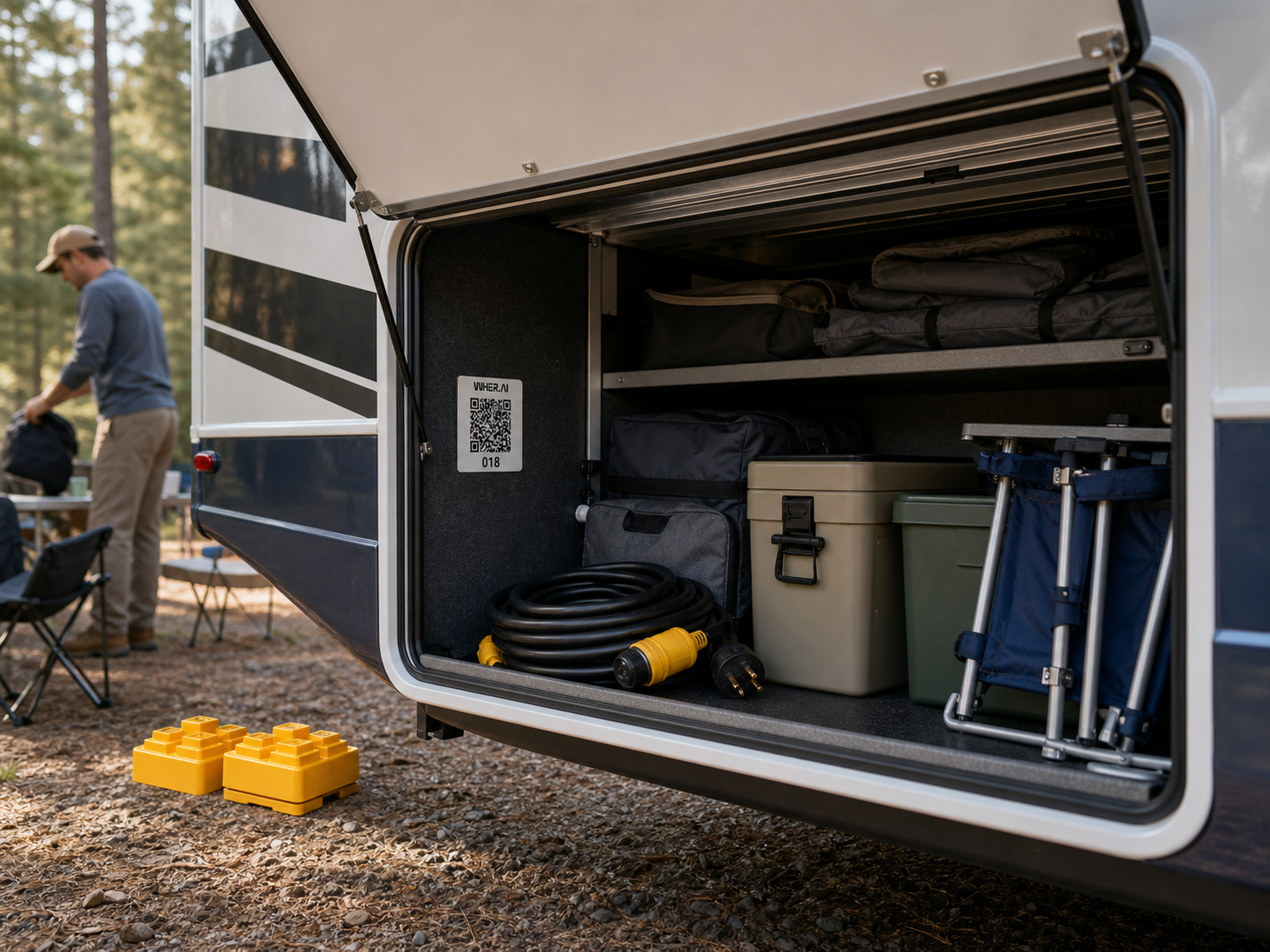 A WHER.AI QR label on an RV storage compartment containing seasonal gear