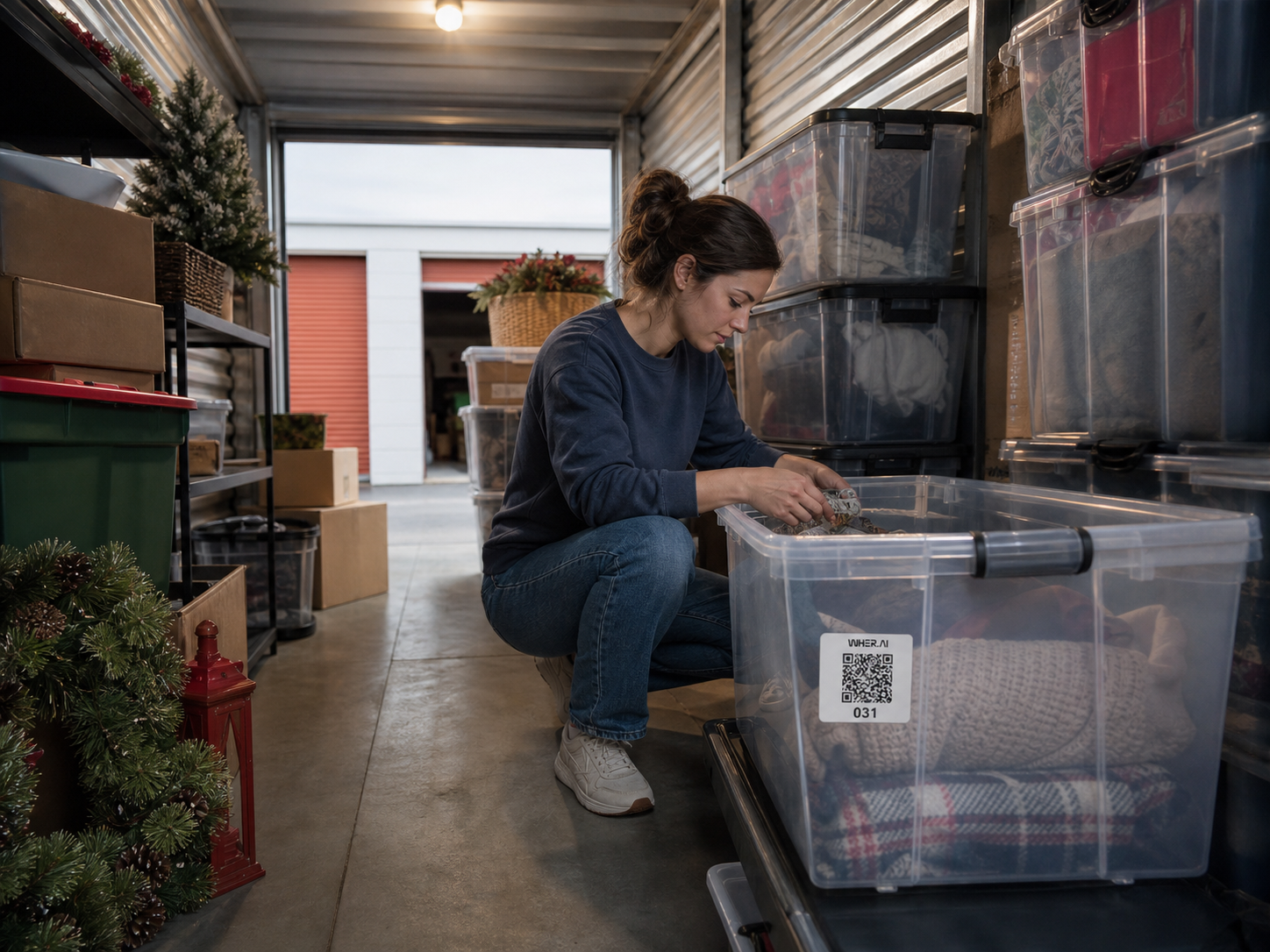 A WHER.AI QR label on a clear tote inside a self-storage unit