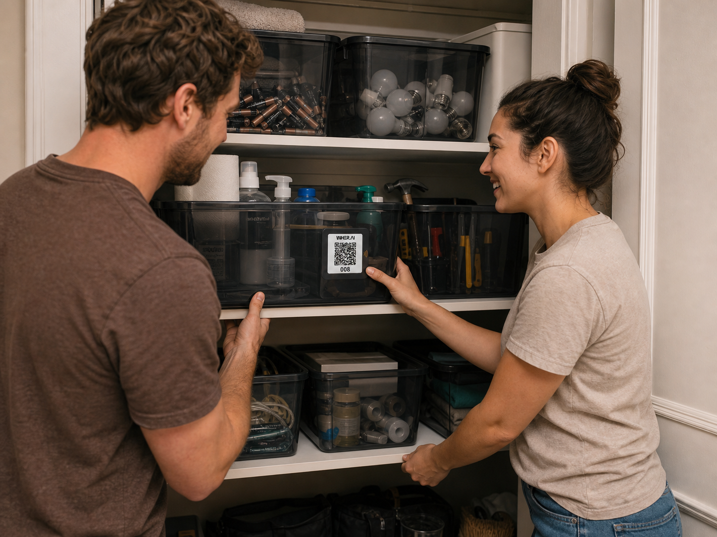 Housemates using a WHER.AI QR label on shared household storage